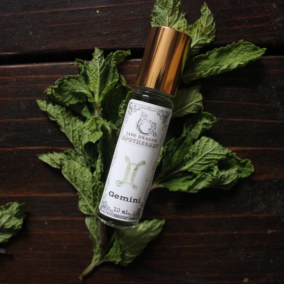 Our Gemini roll-on blend is crafted with Peppermint - an energizing yet soothing aroma for spontaneous Gemini. Peppermint is ruled by Mercury (Gemini's ruling planet), which is the planet of communication / relationships. This is great for being present and outgoing in social settings.